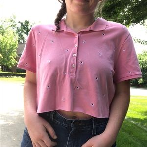 Pink Floral Collared Cropped Top